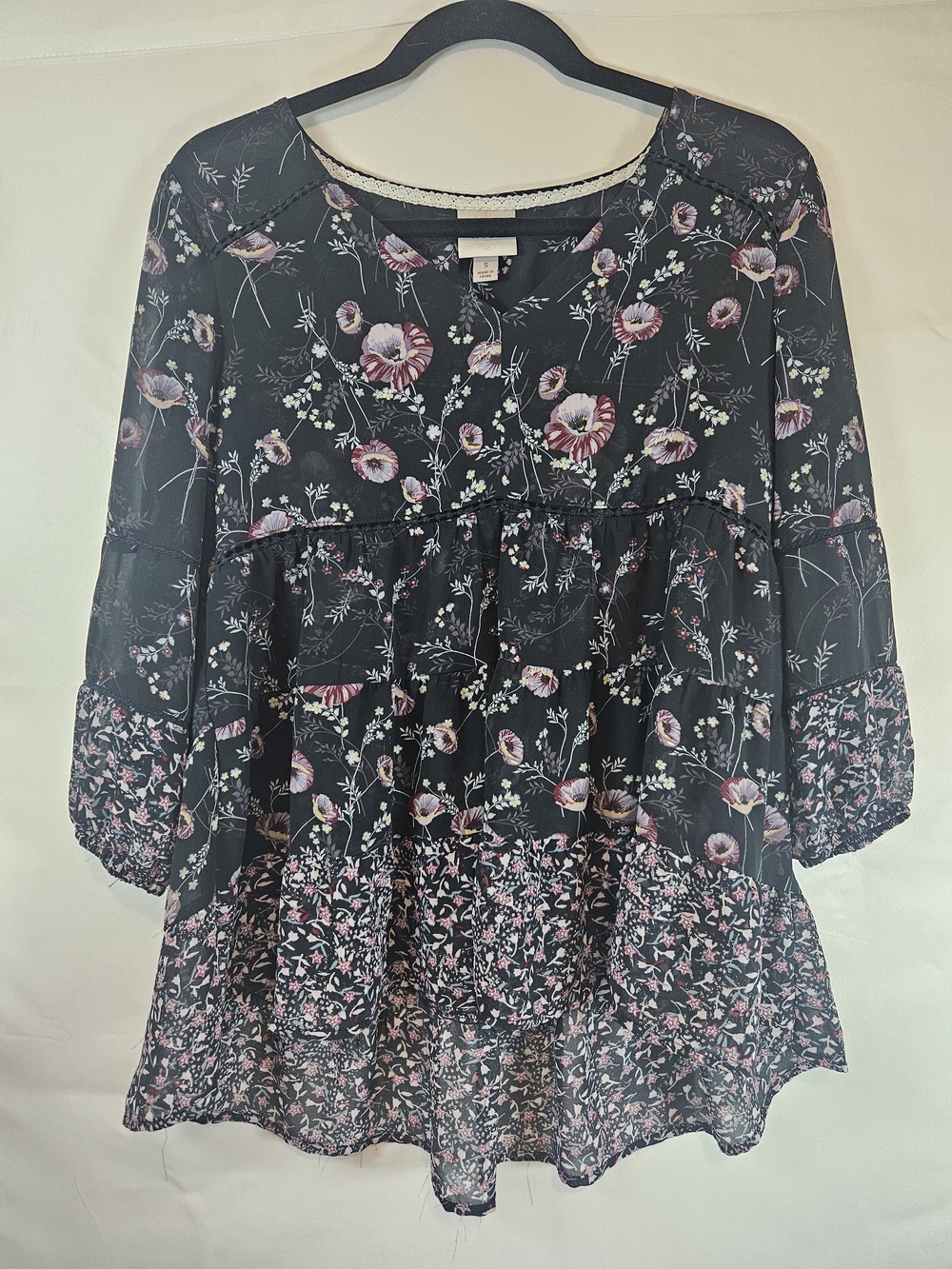 Knox Rose Black Floral Lace-Trim Tunic Babydoll Fairycore Whimsigoth